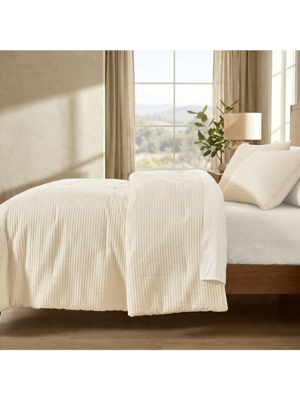 Cozy Natural Cream Waffle Weave Queen Comforter Set, 3-Piece Cotton Bedding